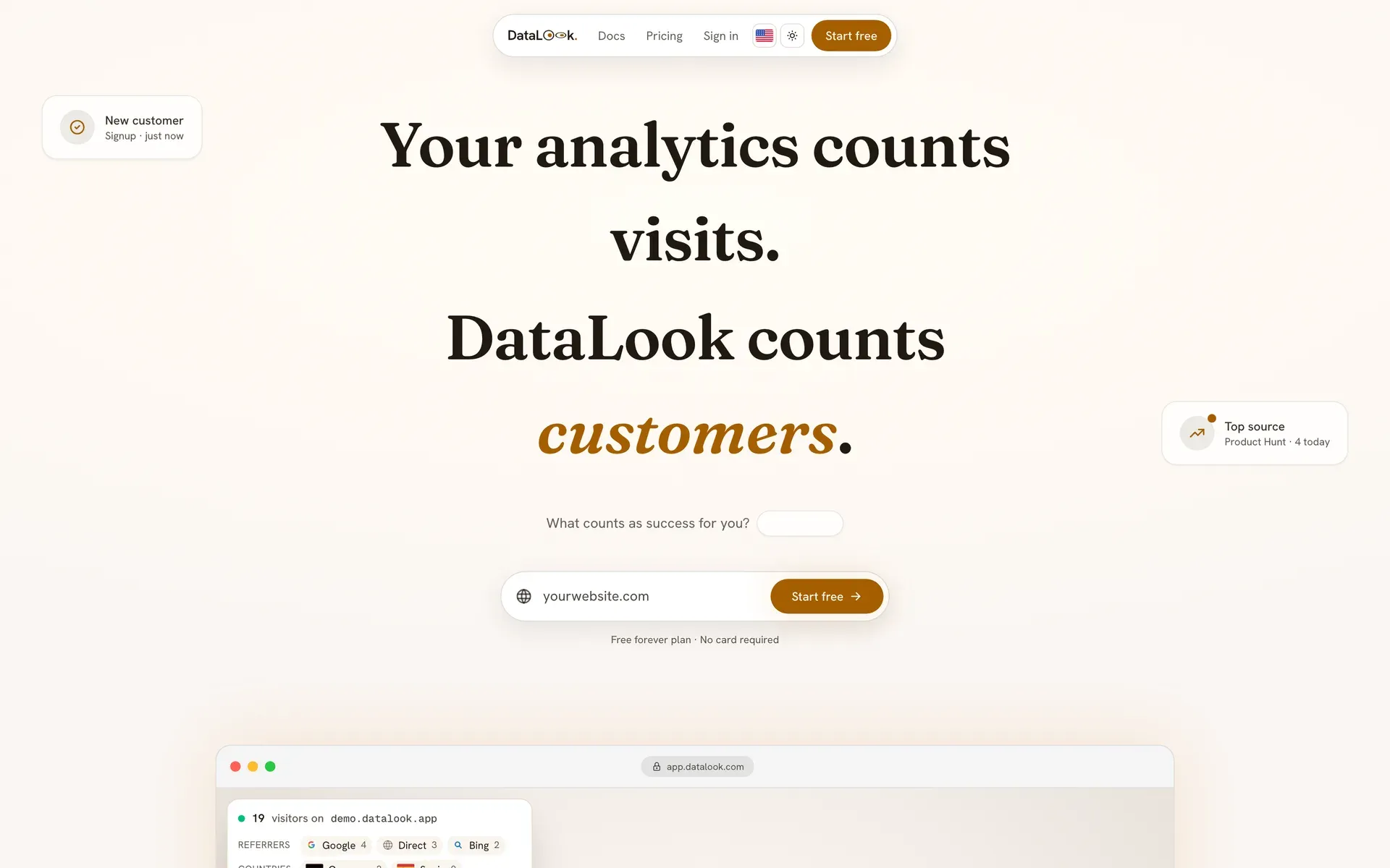 DataLook landing page — count customers, not clicks