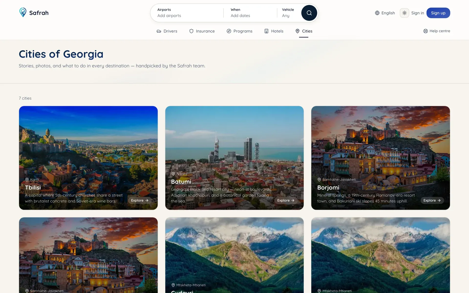 Safrah — City guides, driven by Payload CMS alongside hotels, programs and the FAQ.