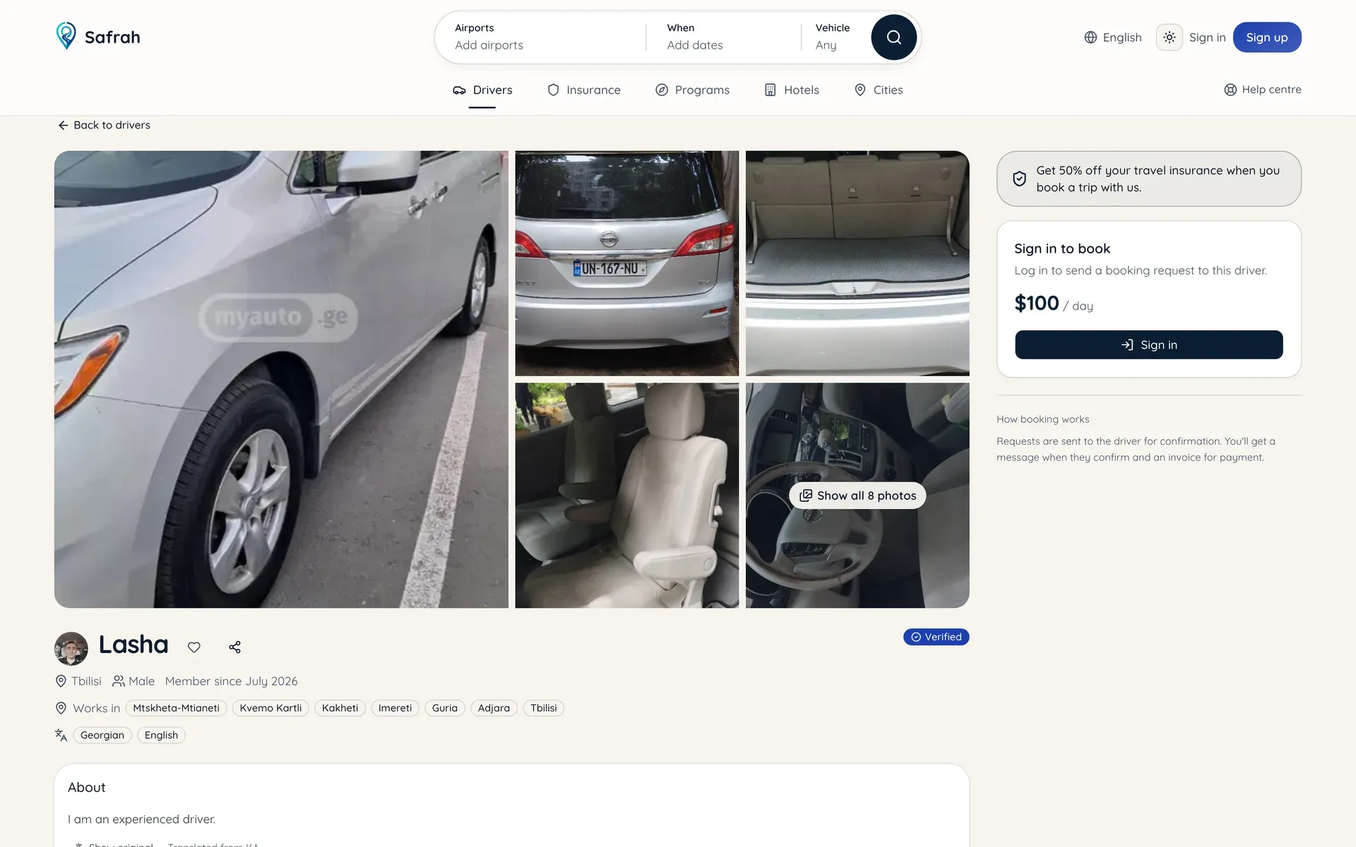 Safrah — A driver profile — transparent per-day pricing, trip count, reviews and an auto-translated bio.