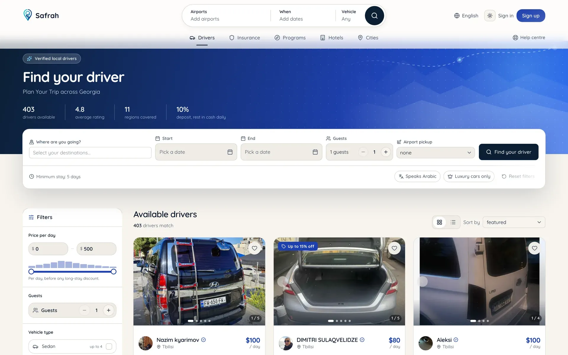 Safrah — The marketplace: verified drivers filtered by airport, dates, vehicle type and spoken languages.