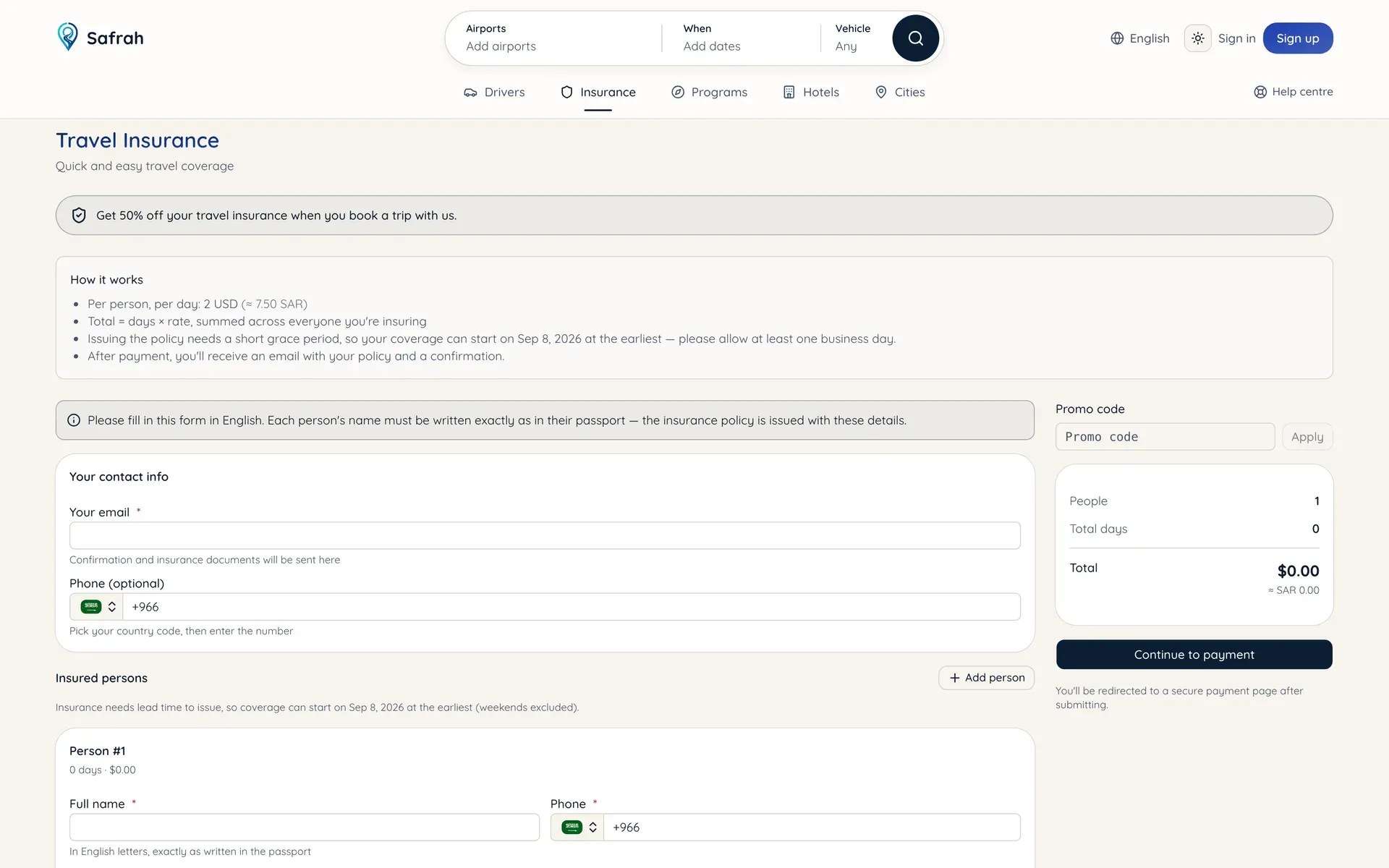 Safrah — Optional travel insurance, sold in-flow with generated PDF policy documents.