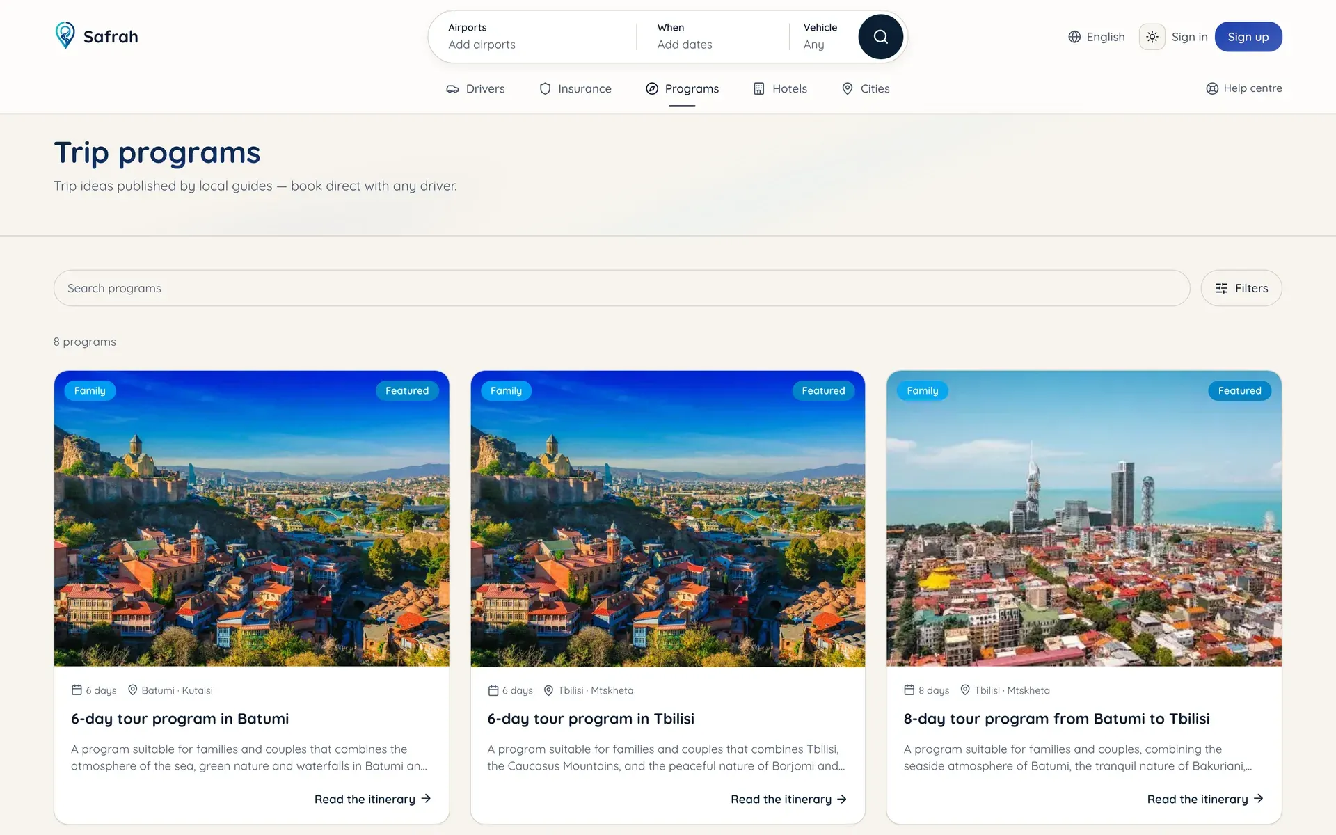 Safrah — Curated travel programs a customer can attach to a booking.