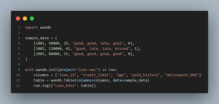 Data logging with W&B Tables sample code